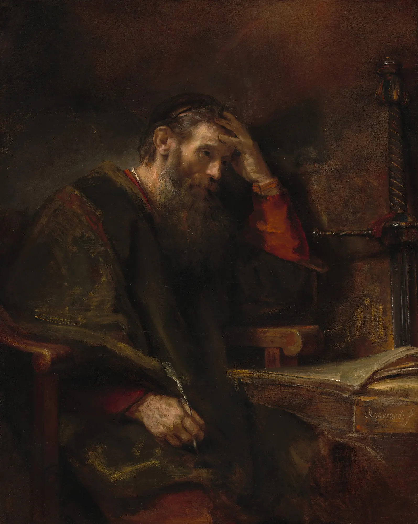 An aged apostle at his desk, hand pressed to his brow in thought, an open manuscript before him and his sword hanging on the wall beside him.