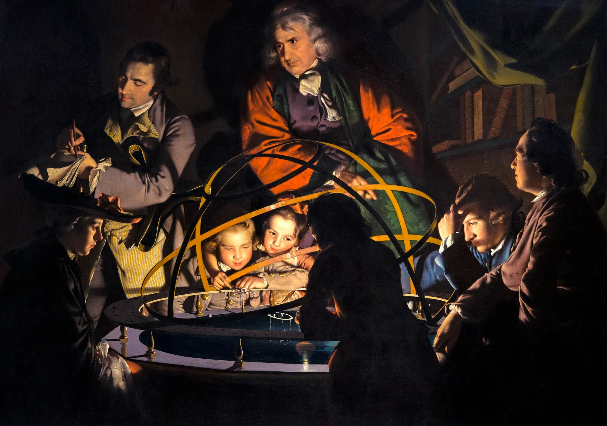 A lecturer demonstrates a mechanical model of the solar system in a darkened room; a single lamp at its centre stands in for the sun, lighting the rapt faces gathered around it in warm gold.