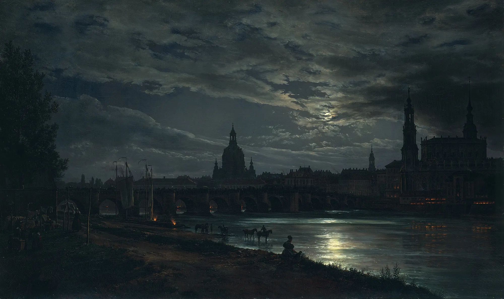 A river city under a clouded moon; lamps and the silhouette of the Frauenkirche reflected on dark water.